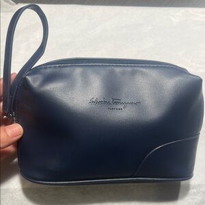 Salvatore Ferragamo Navy Leather Toiletry Bag